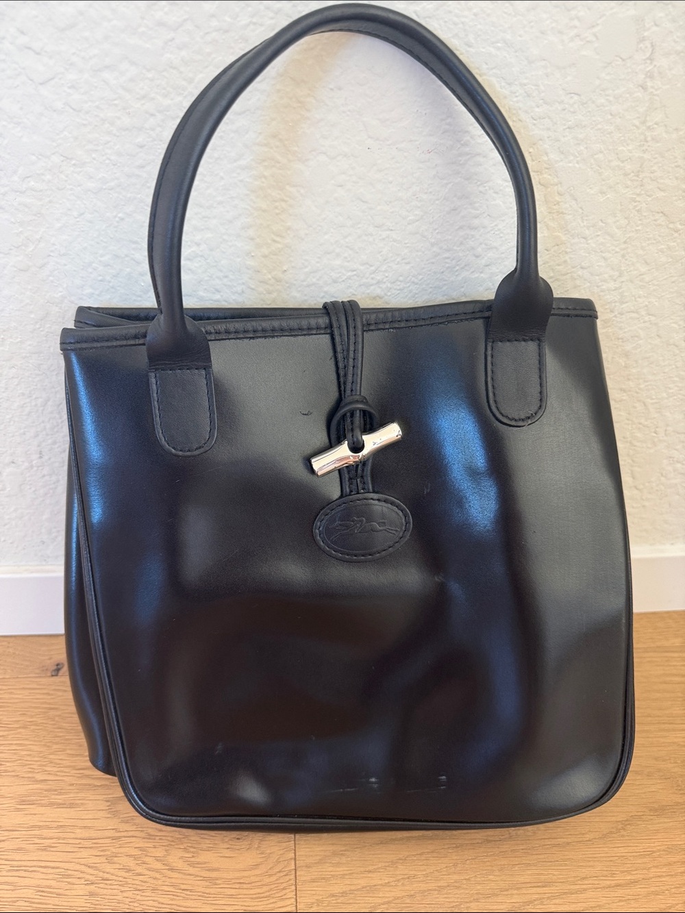 Longchamp Black Smooth Leather Roseau Tote - small model